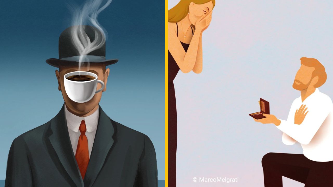 Muž s kávovou šálkou namiesto tváre vedľa scény s ponukou sobáša. Ilustrácia života a rozhodnutí.