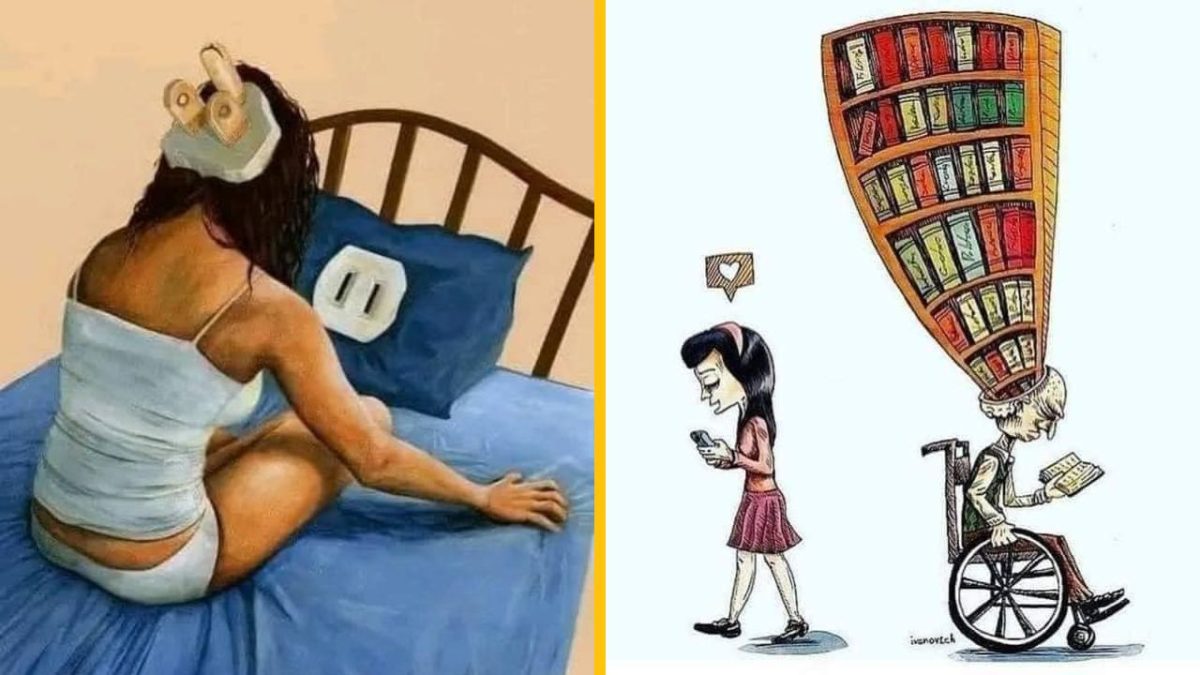 Žena prepojená s posteľou ako zástrčka; dievča na mobile ignoruje múdrosť staršieho muža s knihami.