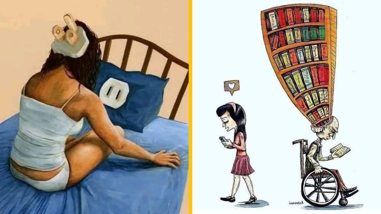 Žena prepojená s posteľou ako zástrčka; dievča na mobile ignoruje múdrosť staršieho muža s knihami.