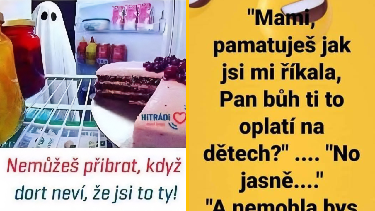 Duch v chladničke pri torte, vedľa textu o Bohu oplácajúcom na deťoch, vtipná scéna.