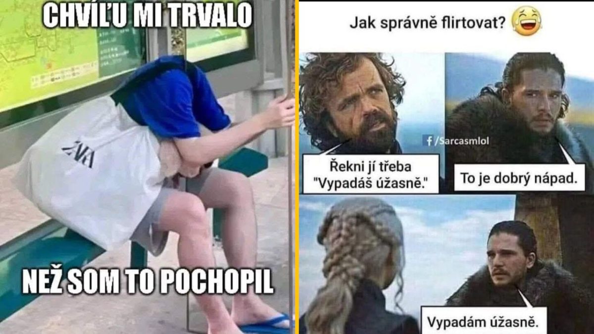 Osoba vtipne pózuje s nápisom a obrázkom z televízneho seriálu, reflexia na flirtovanie.