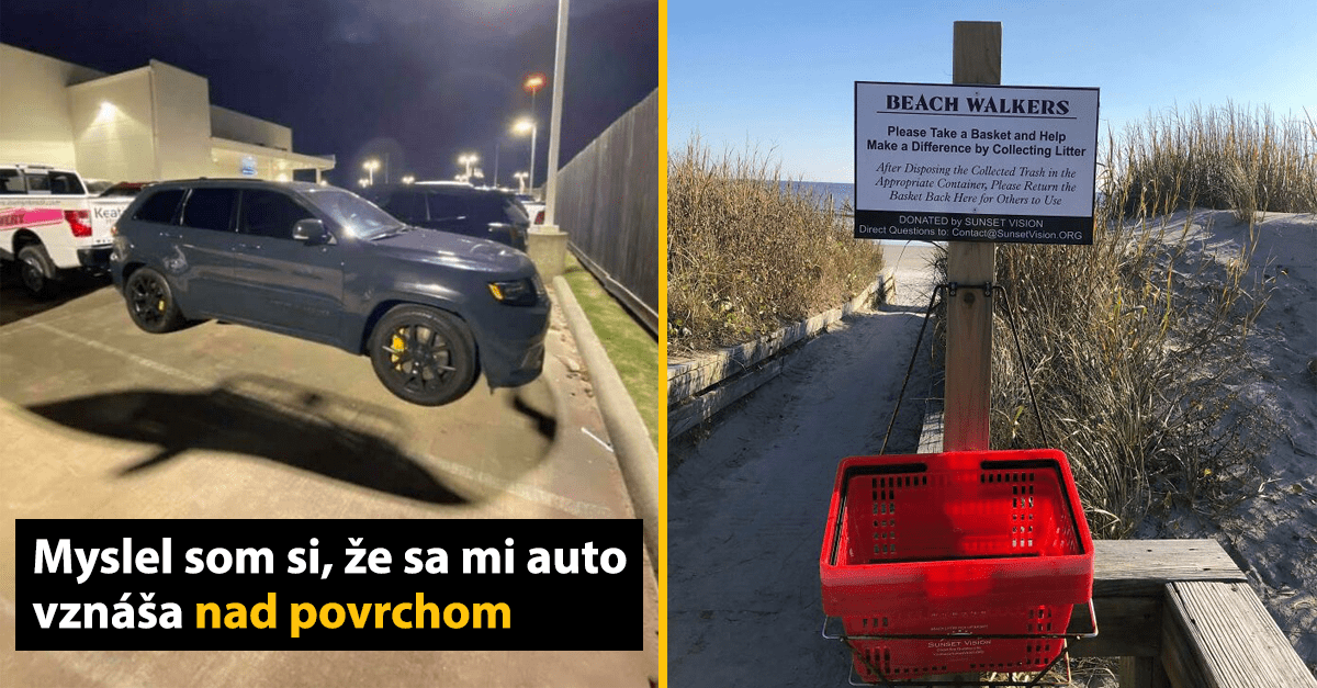 Auto na parkovisku vyzerajúce akoby sa vznášalo, vedľa chodník na pláži s košíkom pre zber odpadu.