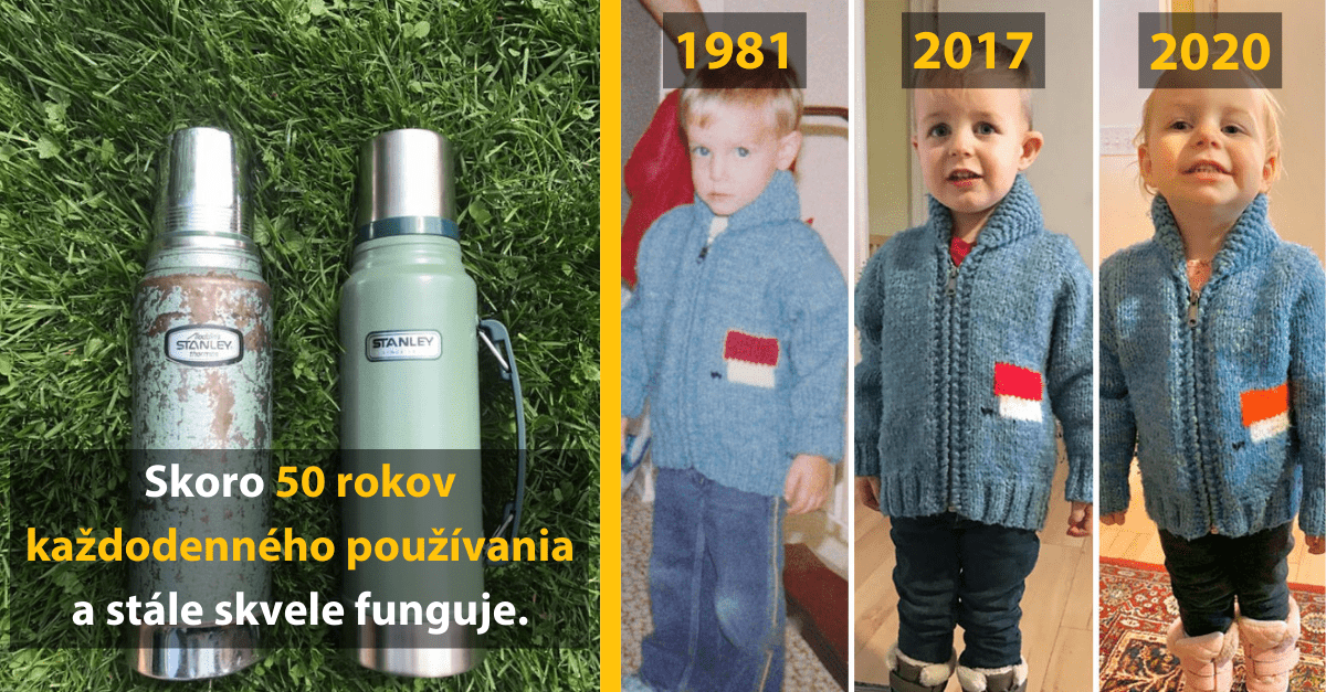 Staré a nové termosky Stanley na tráve, modrý sveter v rokoch 1981, 2017 a 2020 na deťoch, text o odolnosti výrobkov.