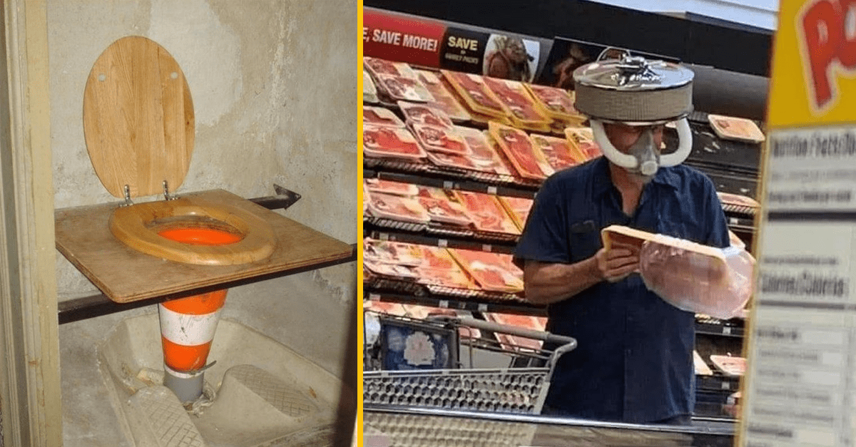 Improvízované WC vedľa muža s nezvyčajnou ochranou hlavy v supermarkete, držiaceho balenie mäsa.