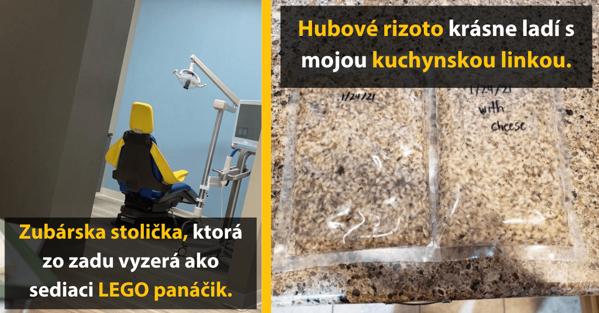 Zubárska stolička pripomínajúca LEGO figúrku, vedľa balenia hubového rizota na kuchynskej linke.