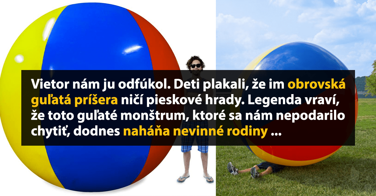 Obrovská plážová lopta na lúke, polovica osoby v tieni. Nebo modré s bielymi oblakmi.