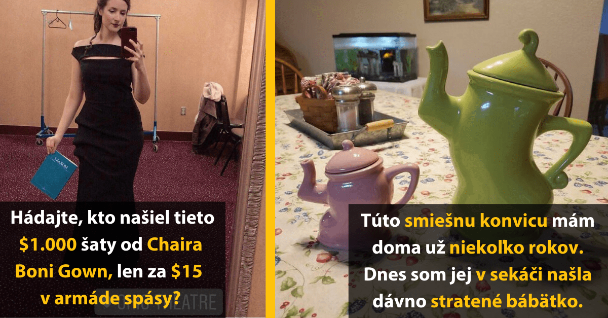 Žena v zrkadle v elegantných čiernych šatách z výpredaja. Na stole dve farebné kanvice s rodinnou históriou.