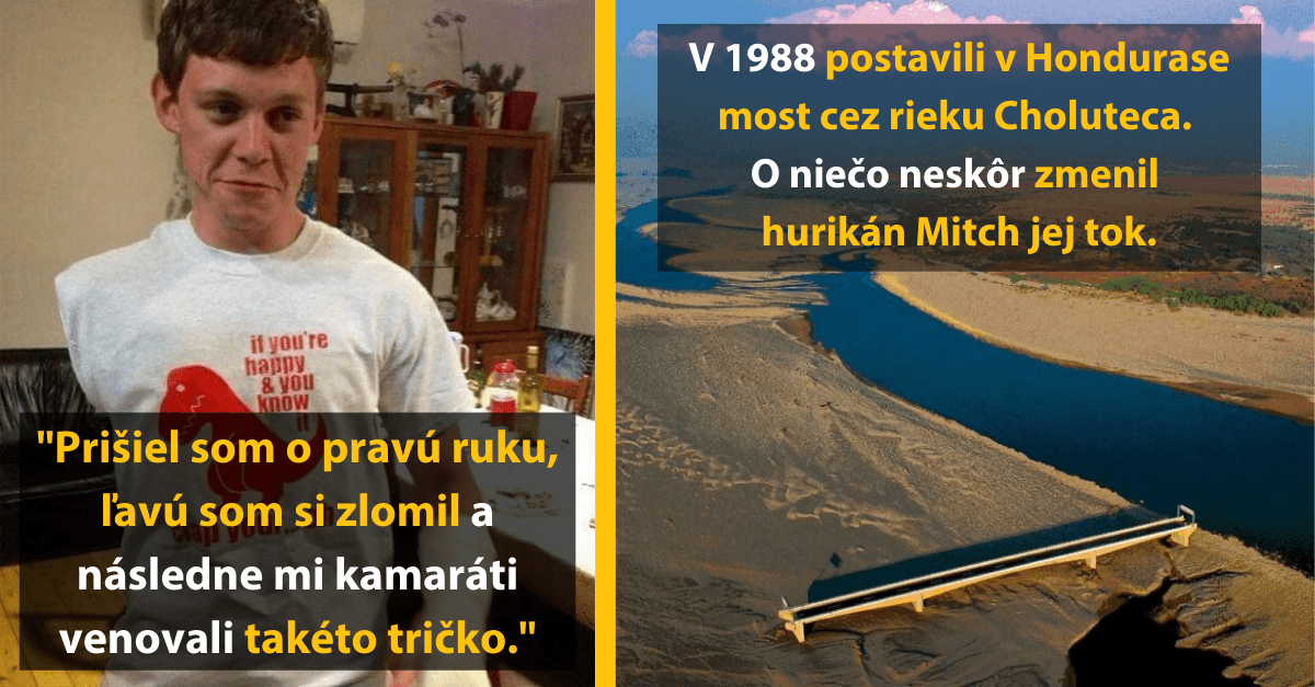 Muž s nápadným tričkom stojí vo vnútri; most v Hondurasu, zmenený hurikánom Mitch v roku 1988, už nevedie cez rieku.