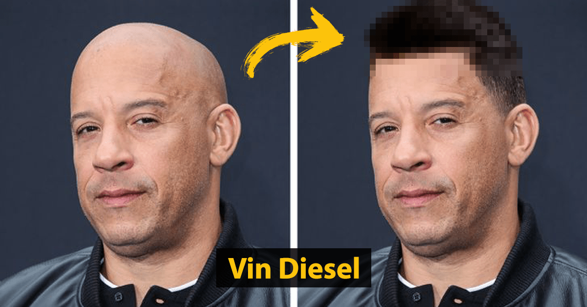 Osoba pred a po digitálnej úprave účesu, s efektom pridaných vlasov.