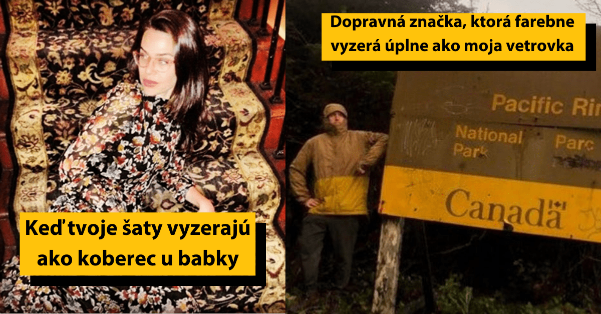 Osoba na schodoch ladí so vzorom koberca, zatiaľ čo muž pri dopravnej tabuli má vetrovku rovnakej farby.