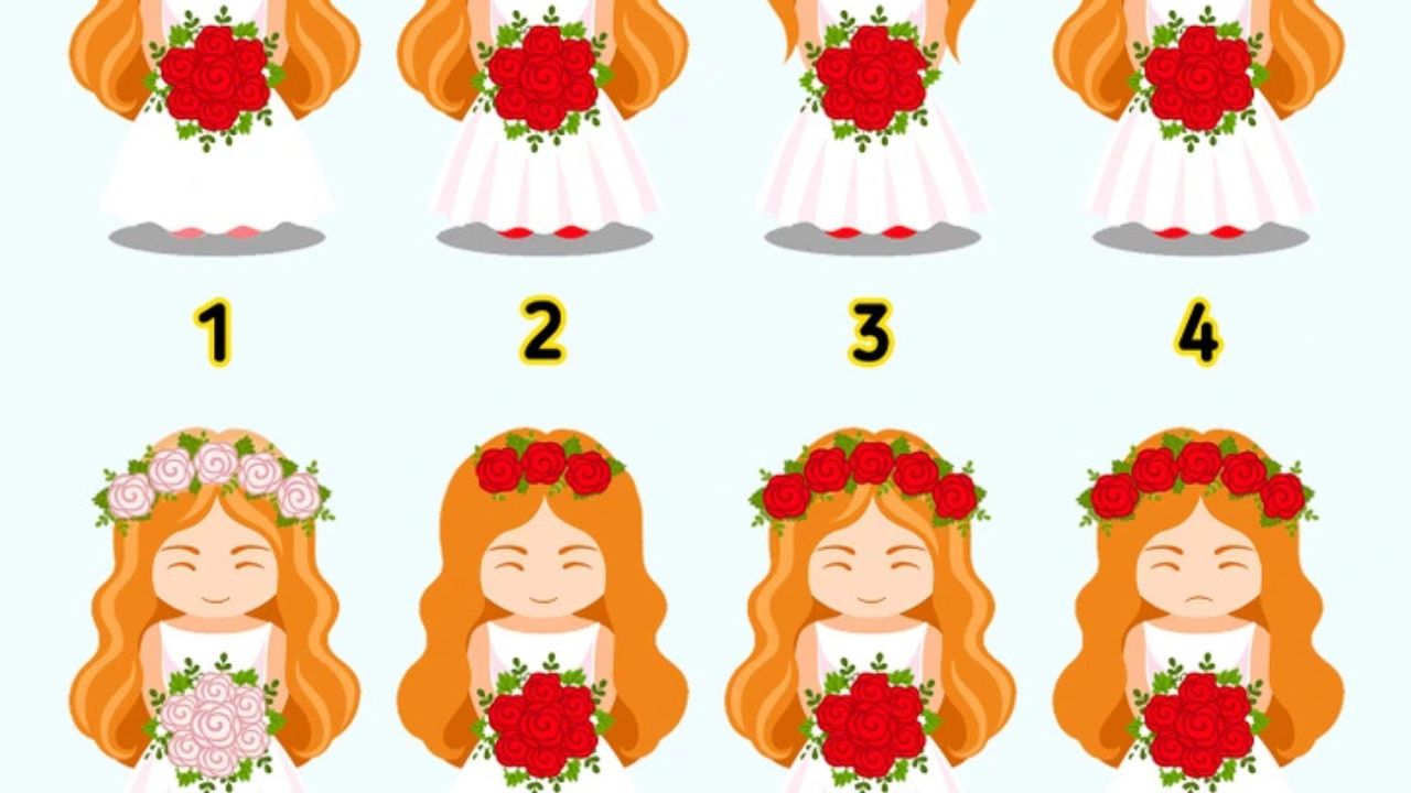 Sada štyroch kreslených neviesť s kvetinovými partami a kyticami, označených číslami od 1 do 4.