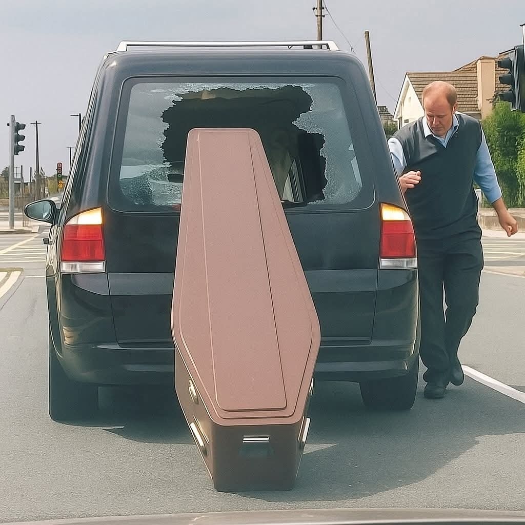 Pohrebné auto s rozbitým oknom a rakvou, muž v modrom svetri kráča po ulici.