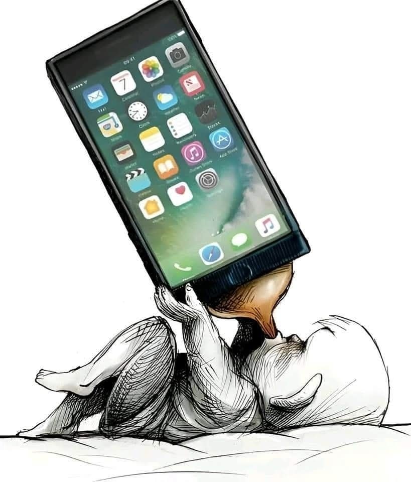 Dieťa pije z mobilu ako z fľašky, symbolizuje závislosť modernej doby na technológiách.