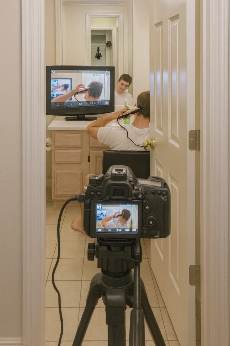 Muž sa strihá sám pred zrkadlom v kúpeľni, zatiaľ čo ho kamera na statíve natáča.