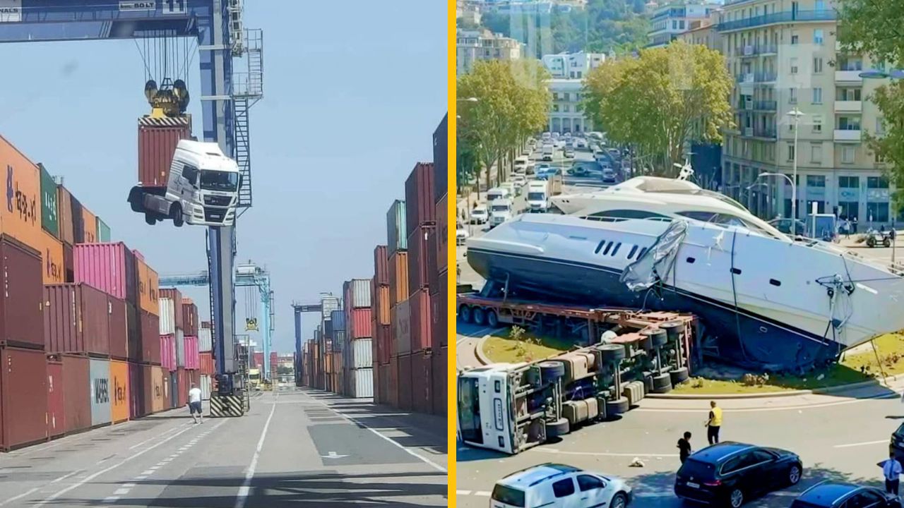 Ťahač zdvíhaný žeriavom v prístave a prevrátený kamión s jachtou na kruhovom objazde.