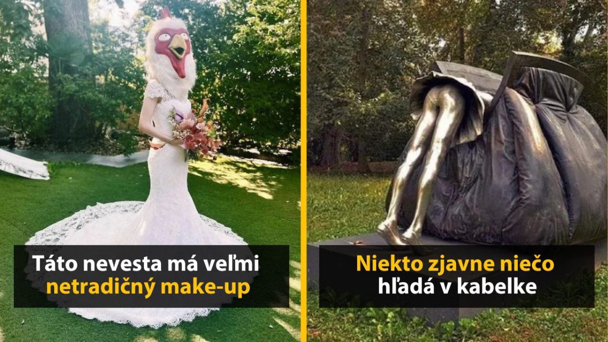 Nevesta s maskou kohúta v parku; socha ženských nôh v obrovskej kabelke.