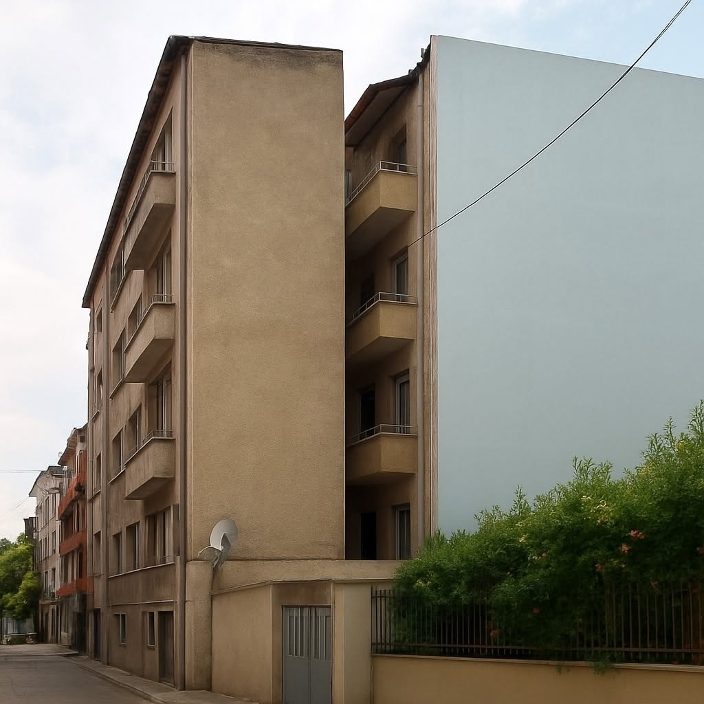 Úzky viacpodlažný bytový dom s balkónmi v mestskej ulici.