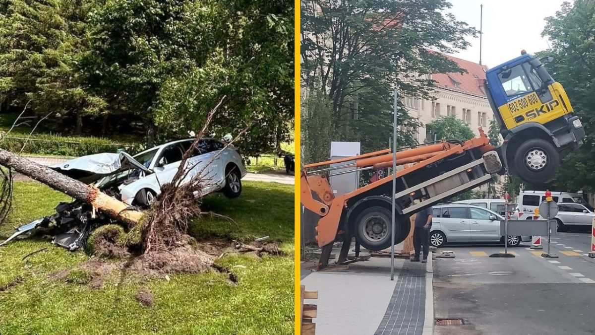 Auto pod spadnutým stromom v parku a preklopený nákladný voz na ulici v meste.