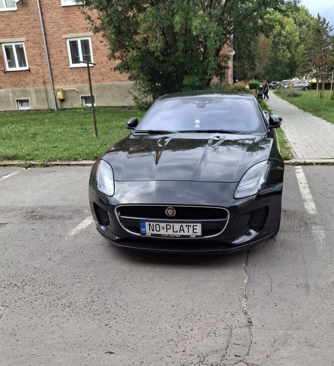 Čierne športové auto zaparkované pri ceste, zelené stromy a tehlová budova v pozadí.