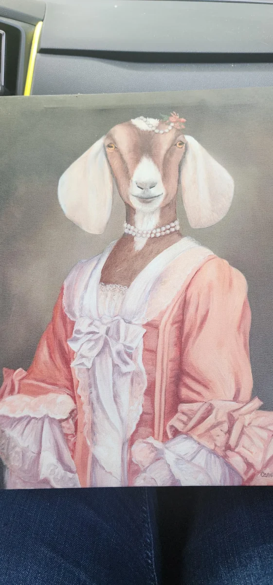 Portrét kozy v historických šatách, zdobený perlami a bielou čipkou.