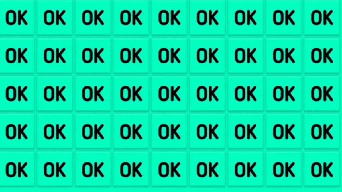 Riadky zelených blokov s opakujúcim sa textom OK na čiernom pozadí.
