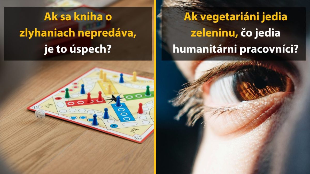 Hra Človeče, nehnevaj sa na drevenom stole a detail oka s humornými otázkami v pozadí.