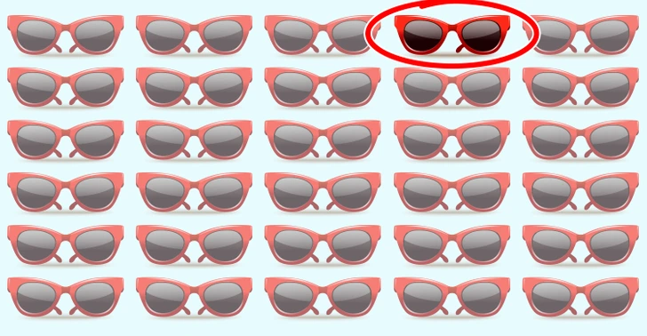 Riadky okuliarov s jedným tmavým párom zvýrazneným červeným kruhom.