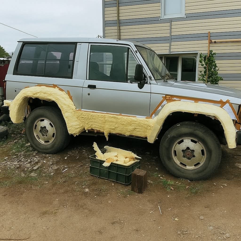 SUV s nedokončenou izolačnou úpravou v blízkosti domu, kvapky izolačnej peny na zemi.
