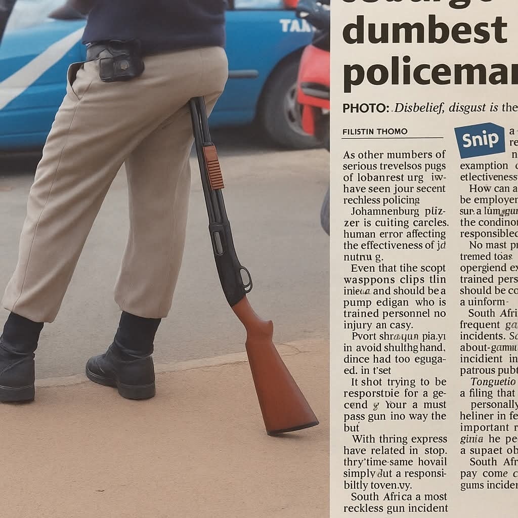 Osoba s puškou opretou o nohu stojí pri policajnom aute, vedľa článku v novinách.