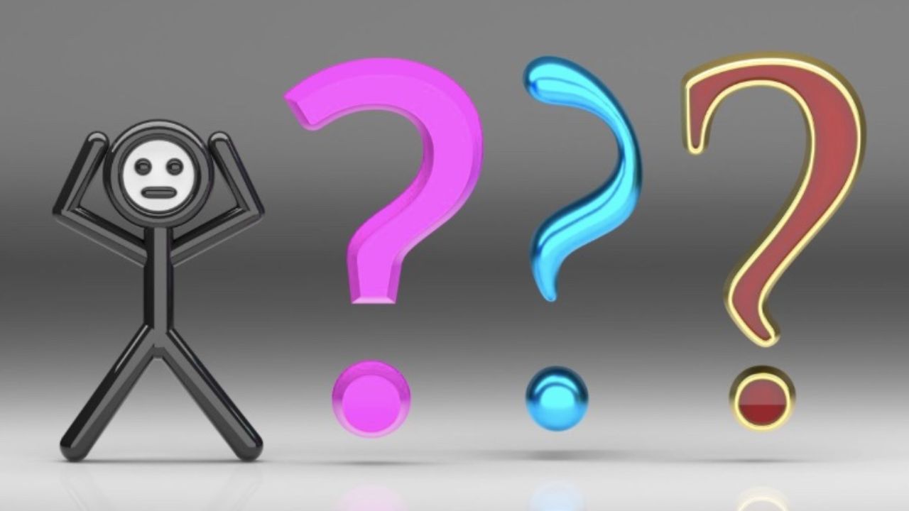 Osoba znepokojená vedľa farebných otáznikov, symbolizujúcich zmätok a otázky.