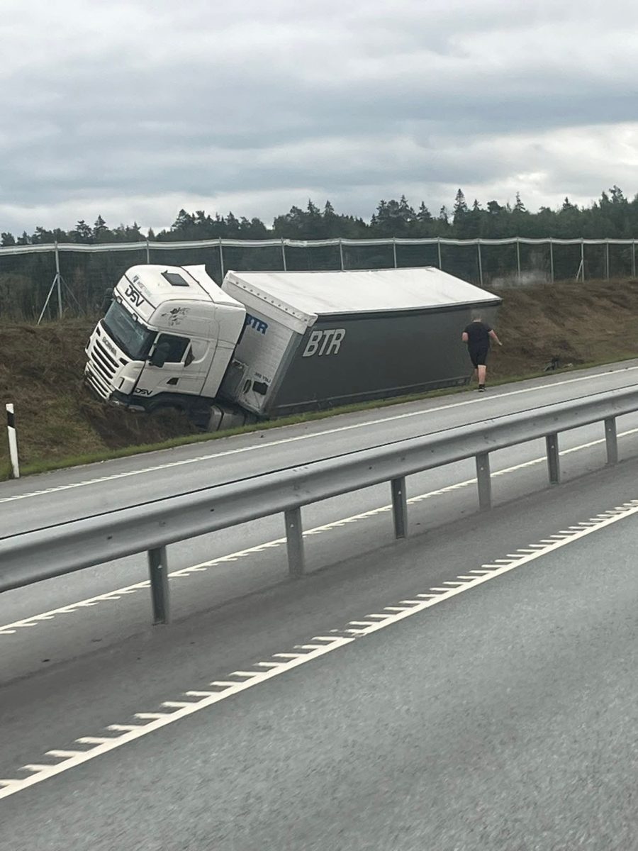 Kamión v jarku pri ceste, muž stojí vedľa. Dopravná nehoda, diaľnica, europsky les v pozadí, zamračená obloha.