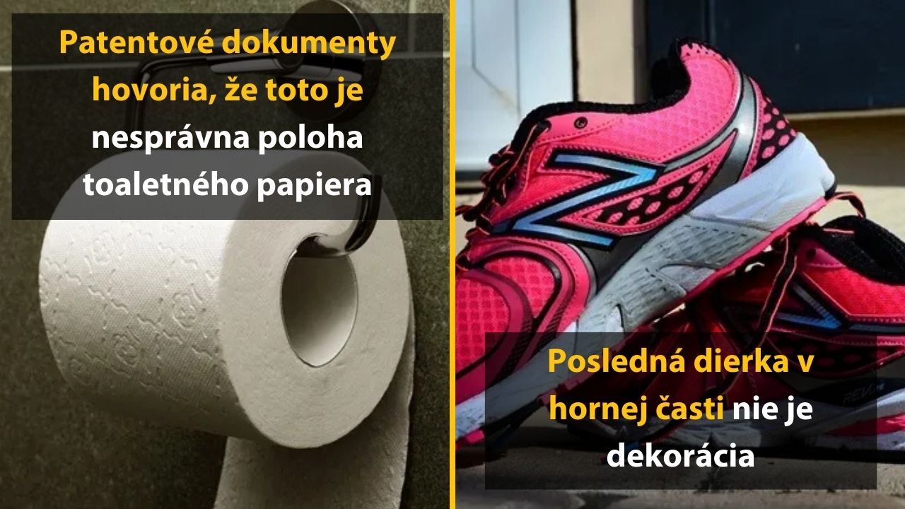 Toaletný papier a tenisky s praktickým informačným textom o správnom použití.