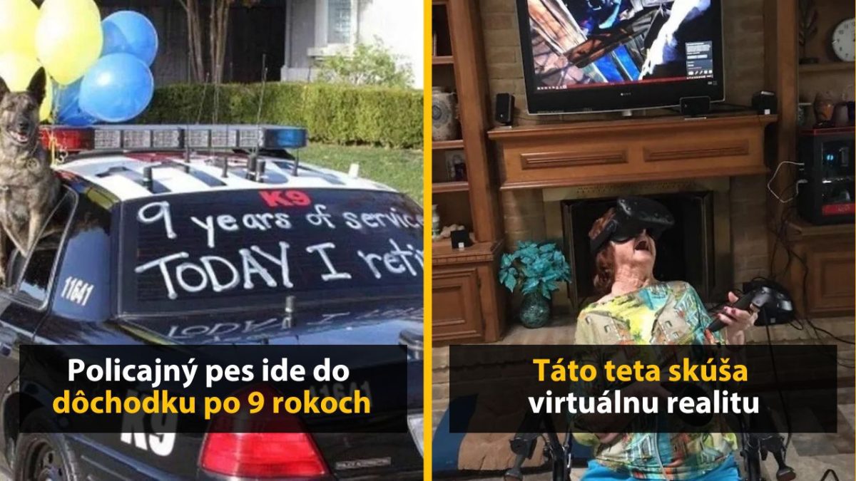 Policajný pes oslavuje dôchodok po 9 rokoch služby; žena s VR okuliarmi objavuje virtuálnu realitu.
