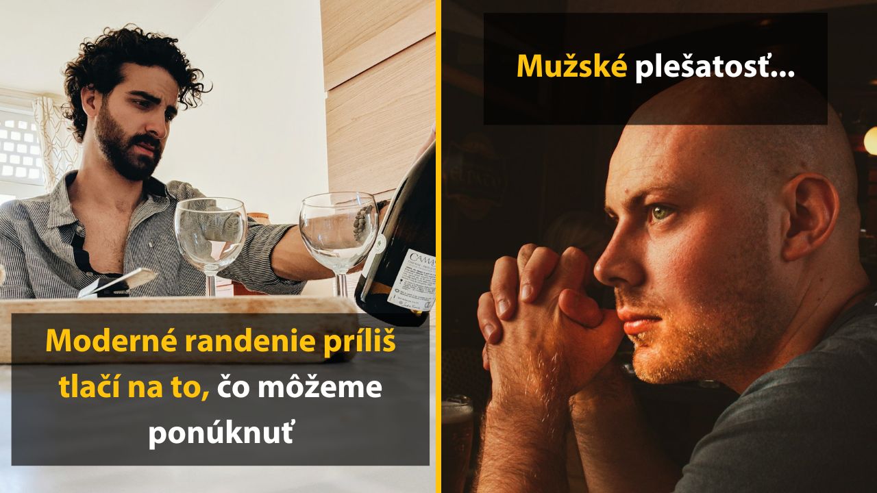 Dva obrázky mužov s textom: moderné randění a mužská plešatosť, skúmajú spoločenské tlakové témy.