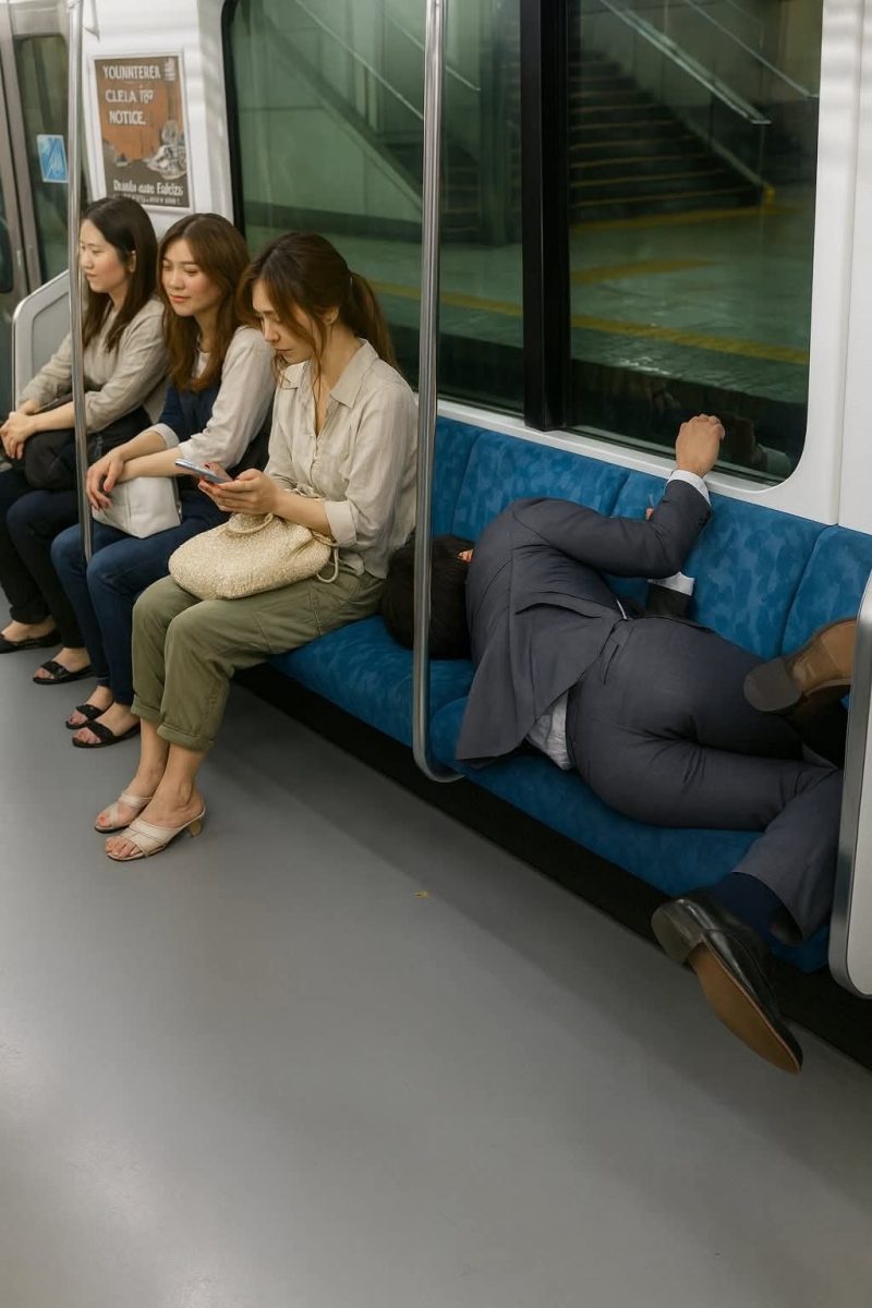 Cestujúci v metre: tri ženy sediace, jedna s mobilom, a muž v obleku leží na sedadle počas jazdy.