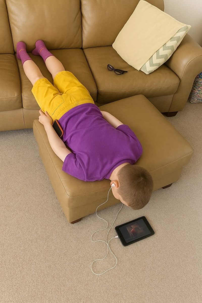 Chlapec ležiaci na gauči, počúva hudbu a sleduje tablet, oblečený v pestrofarebnom oblečení.