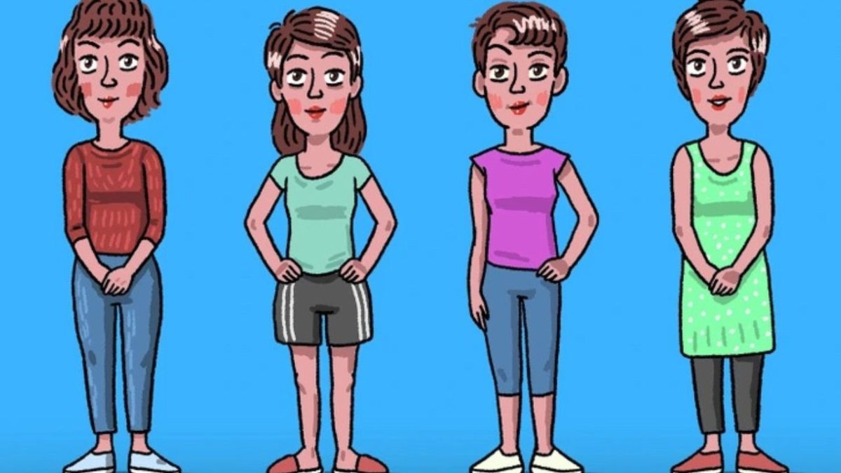 Štyri kreslené postavy ženy v rozličnom oblečení stoja na modrom pozadí.