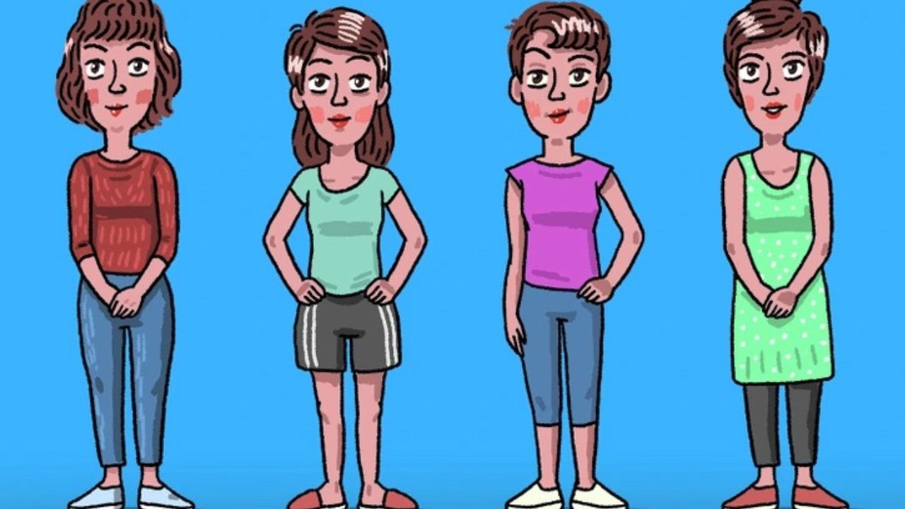 Štyri kreslené postavy ženy v rozličnom oblečení stoja na modrom pozadí.