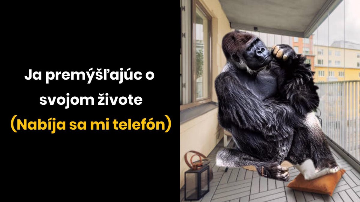 Gorila zamyslená na balkóne, humorný text o premýšľaní počas nabíjania telefónu.