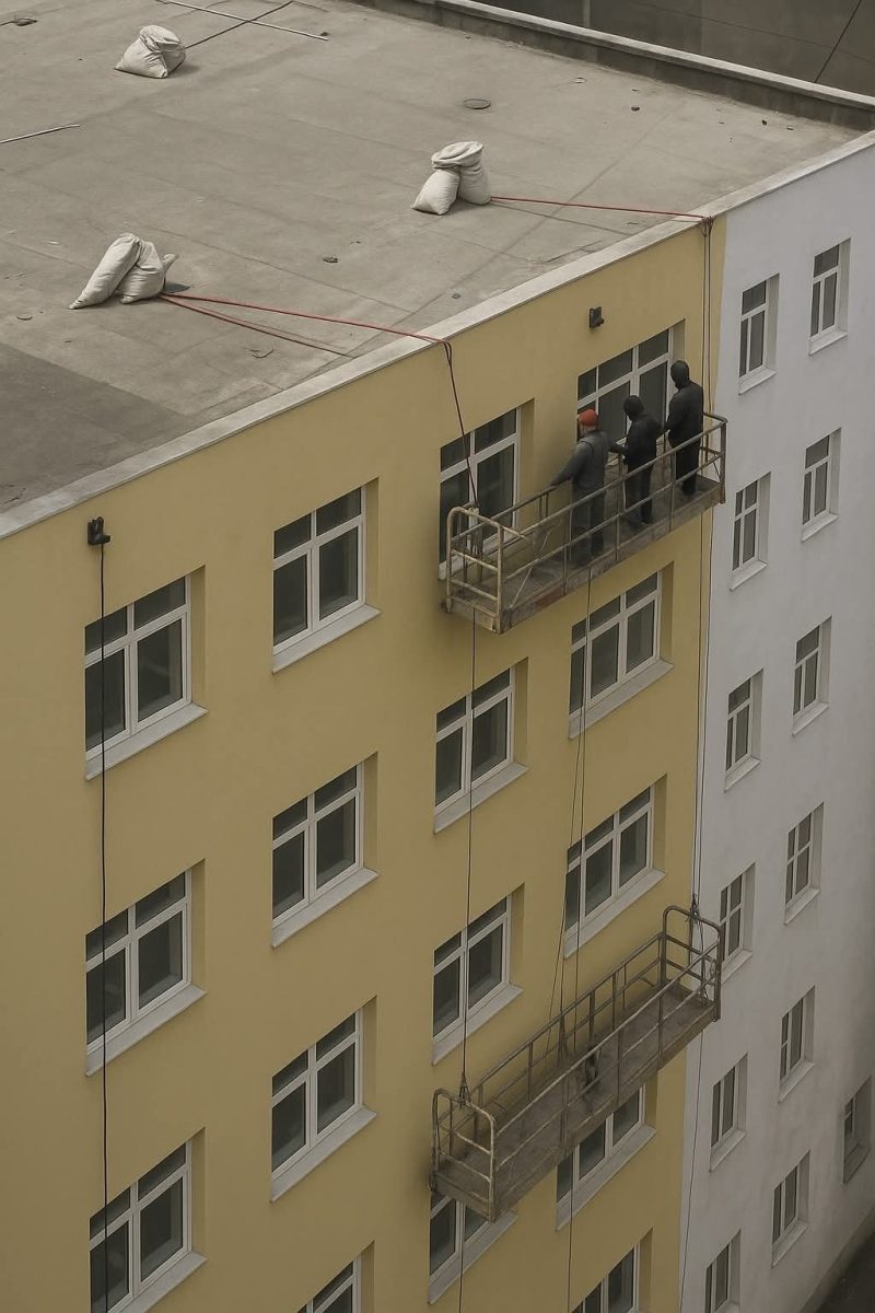 Pracovníci na plošine vykonávajú údržbu na stenách vysokého žltého budovy.