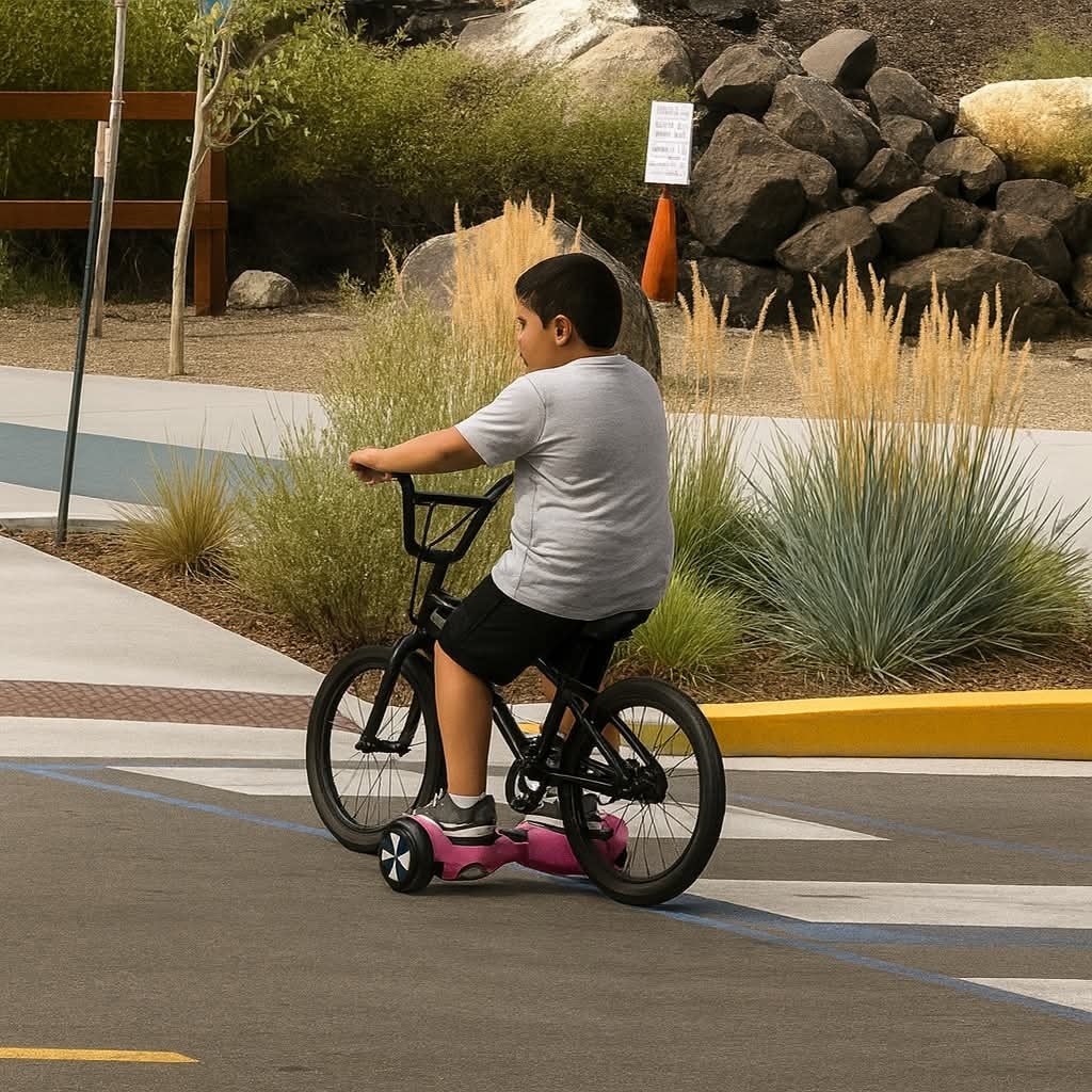 Chlapec jazdiaci na bicykli s hoverboardom, vonku na ulici, obklopený zeleňou a kameňmi.