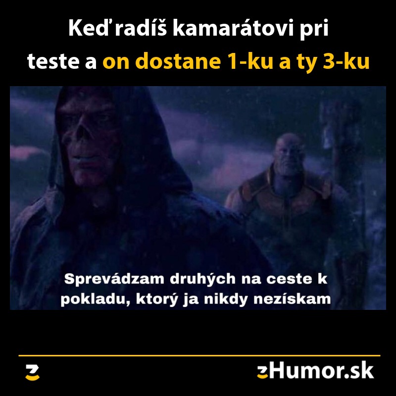Dvaja postavy v pochmúrnej scéne s rozhorčeným textom o nezaslúženom úspechu na teste, kde jeden dostal 1 a druhý 3.