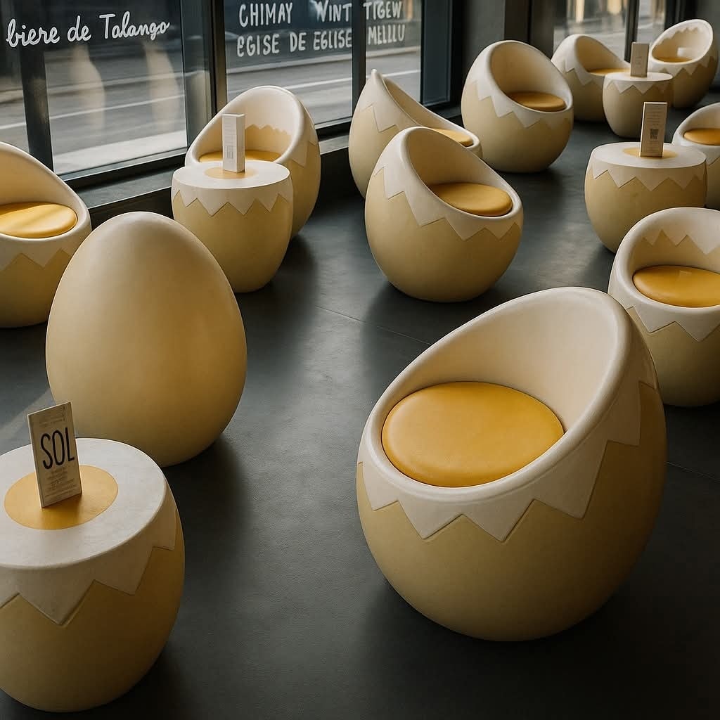 Moderné vajíčkové kreslá v kaviarni s oknami, kreatívny dizajn interiéru s hravým konceptom.