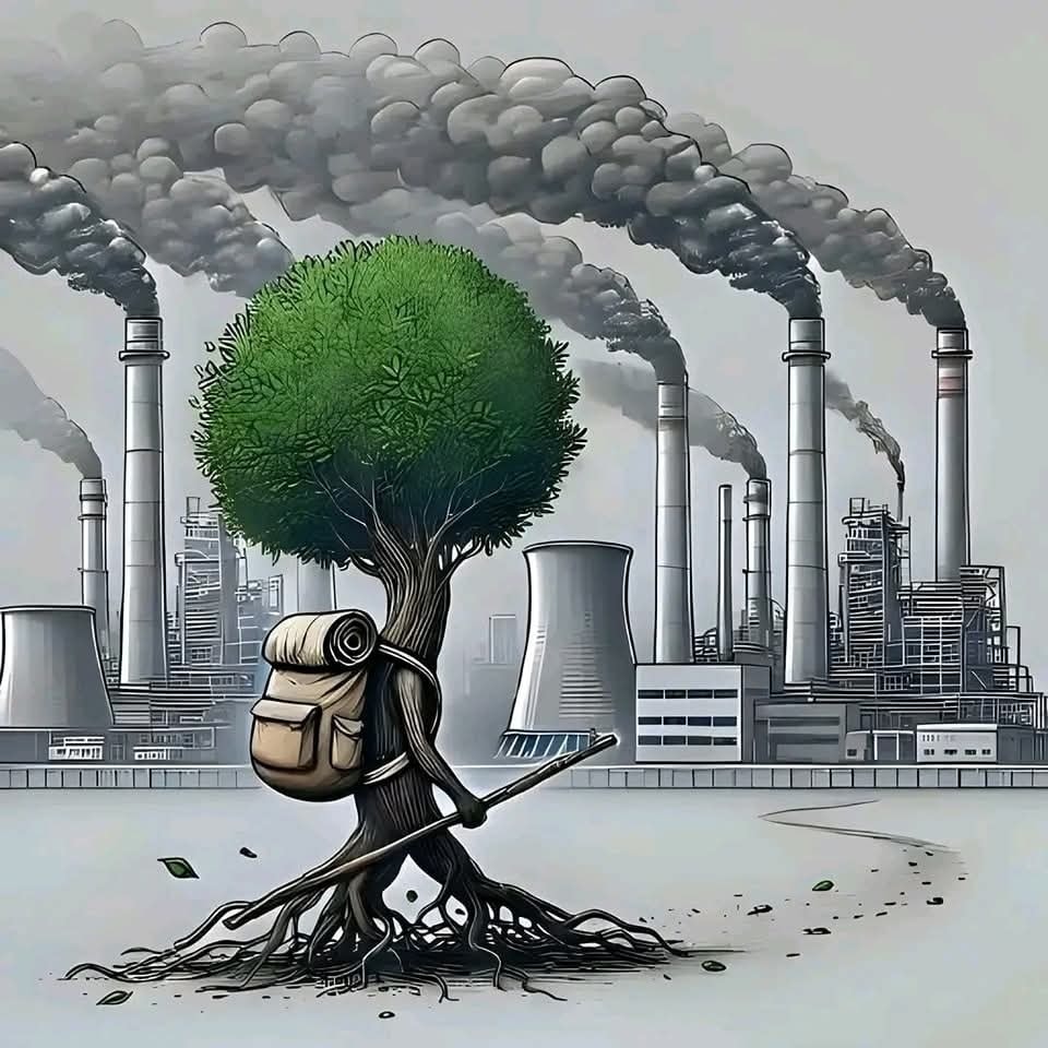 Strom s batohom uniká zadajdúcou továreňou, symbolizujúc ekologické problémy a útek do prírody.