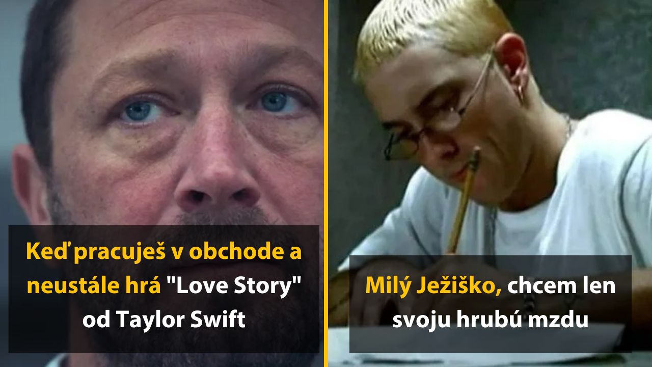 Dve vtipné scény so zamestnancami premýšľajúcimi o práci a hudbe v obchode.