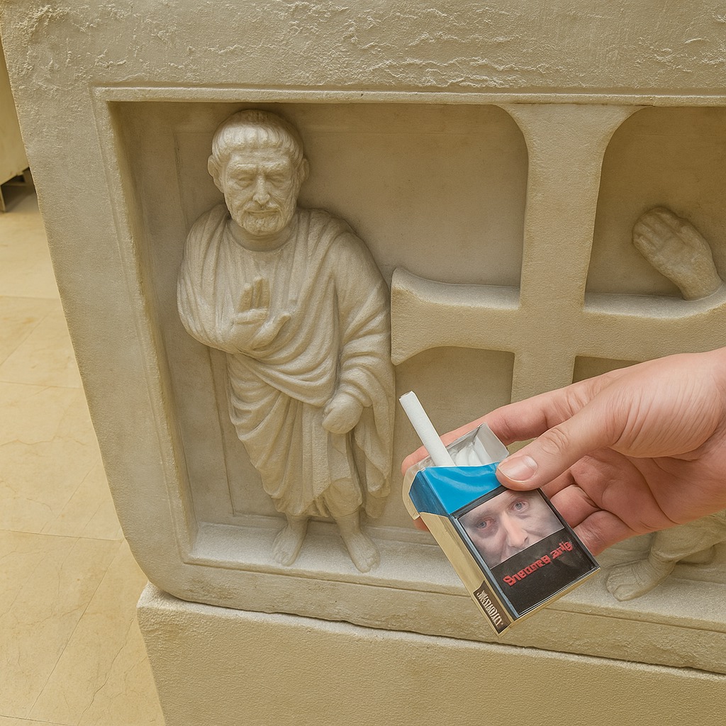 Socha v reliéfe vedľa ruky držiacej škatuľku cigariet, kombinácia umenia a moderného života.