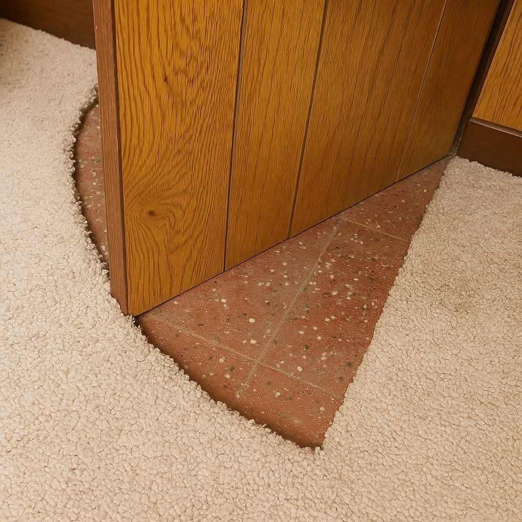 Drevené dvere na koberci s vyrezanou časťou pre nerovný povrch, odhaľujúc terazzo podlahu.