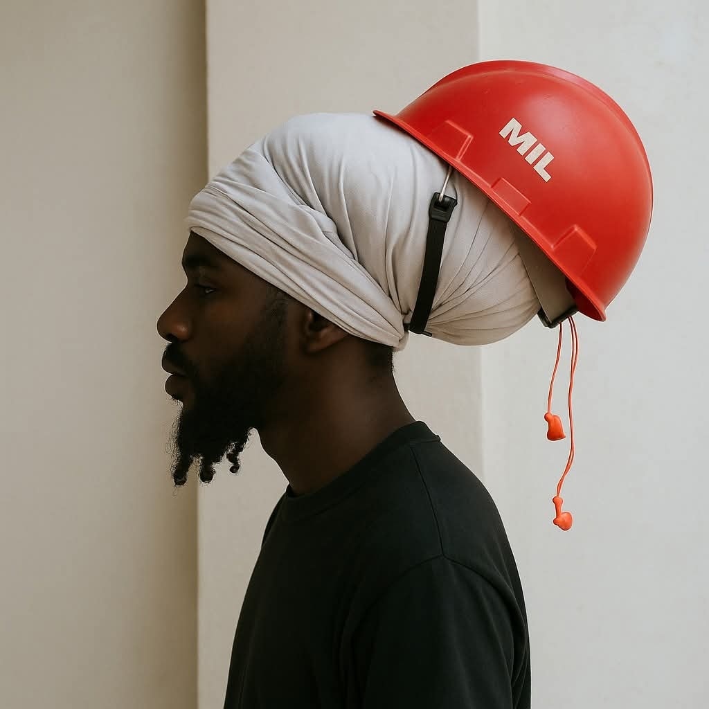 Muž s turbanom a červenou stavebnou prilbou na hlave, bočný pohľad.