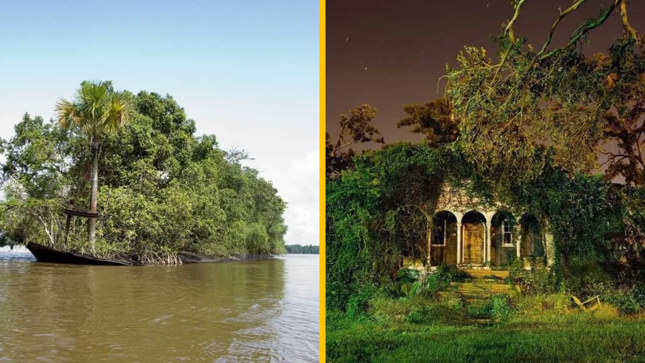 Opustená loď zarastená vegetáciou na rieke a opustený dom pokrytý popínavými rastlinami v lese.