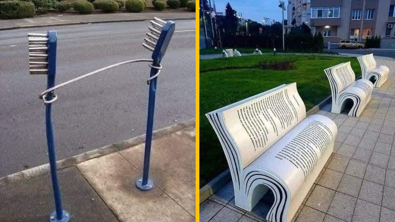 Kreatívny mestský dizajn: lavičky ako otvorené knihy a zábradlie v tvare kefiek na zuby.